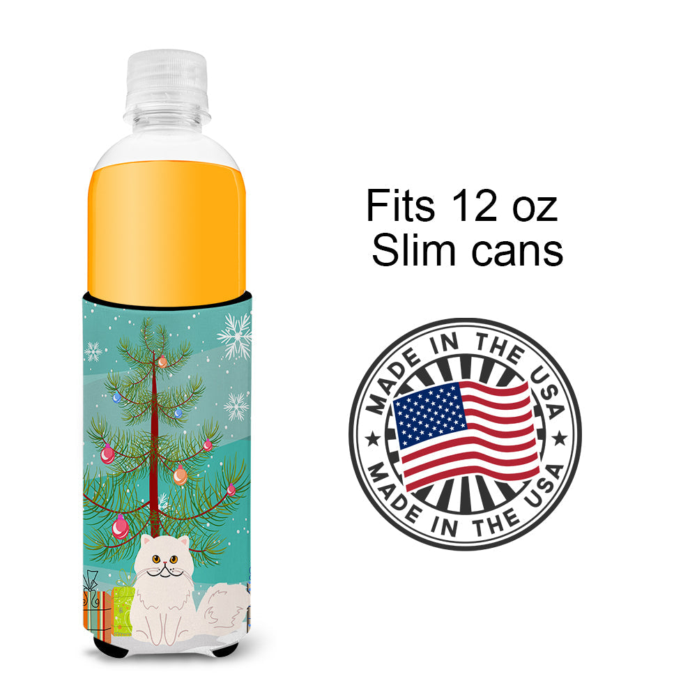 Persian Cat Merry Christmas Tree Slim Can Hugger , Insulated Foam Hugger for 12 oz Slim Cans, Beer Bottles & Water Bottles, Printed in USA