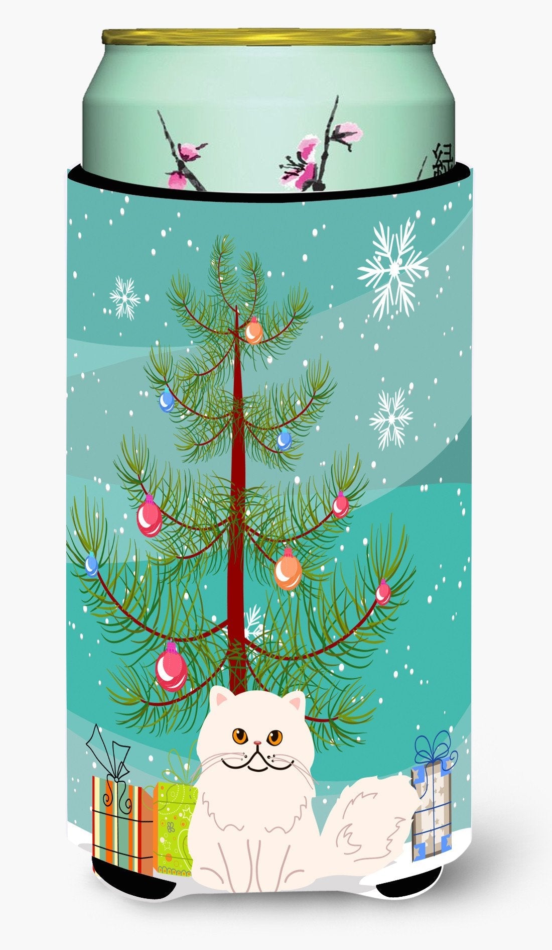 Persian Cat Merry Christmas Tree Tall Boy Hugger Can Cooler Sleeve Machine Washable Drink Collapsible Insulator Beverage Insulated Holder