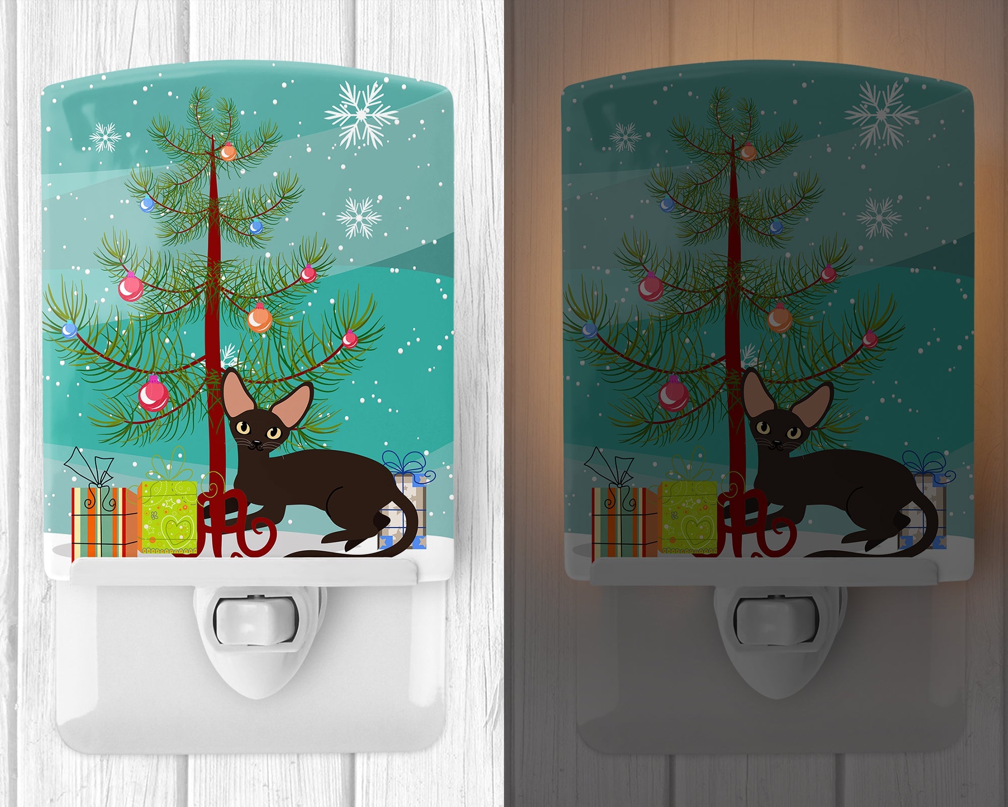Peterbald Cat Merry Christmas Tree Ceramic Night Light Compact, UL-Certified, Ideal for Bedroom, Bathroom, Nursery, Hallway, Kitchen, 6x4x3, Multicolor