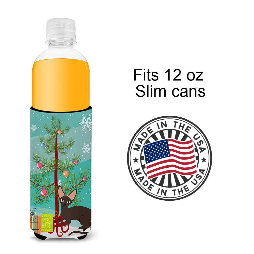 Peterbald Cat Merry Christmas Tree Slim Can Hugger , Insulated Foam Hugger for 12 oz Slim Cans, Beer Bottles & Water Bottles, Printed in USA