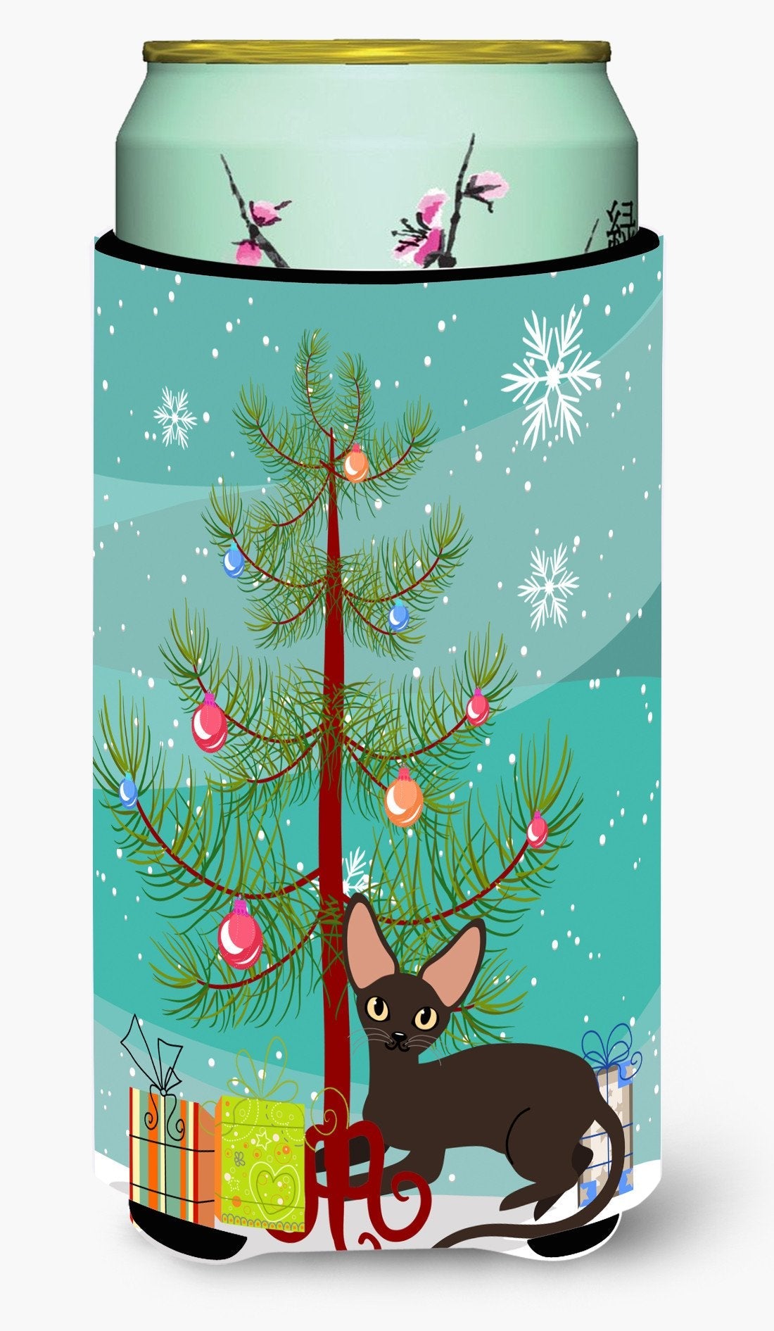 Peterbald Cat Merry Christmas Tree Tall Boy Hugger Can Cooler Sleeve Machine Washable Drink Collapsible Insulator Beverage Insulated Holder