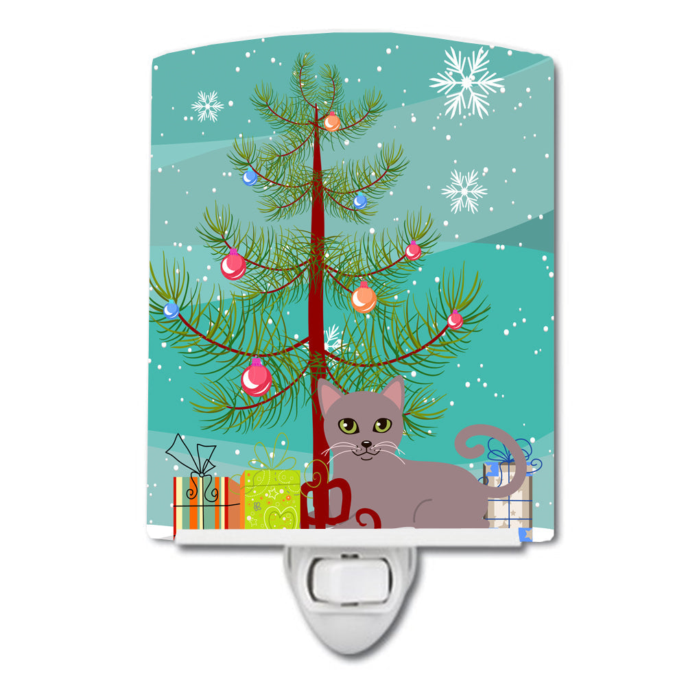 Russian Blue Cat Merry Christmas Tree Ceramic Night Light Compact, UL-Certified, Ideal for Bedroom, Bathroom, Nursery, Hallway, Kitchen, 6x4x3, Multicolor