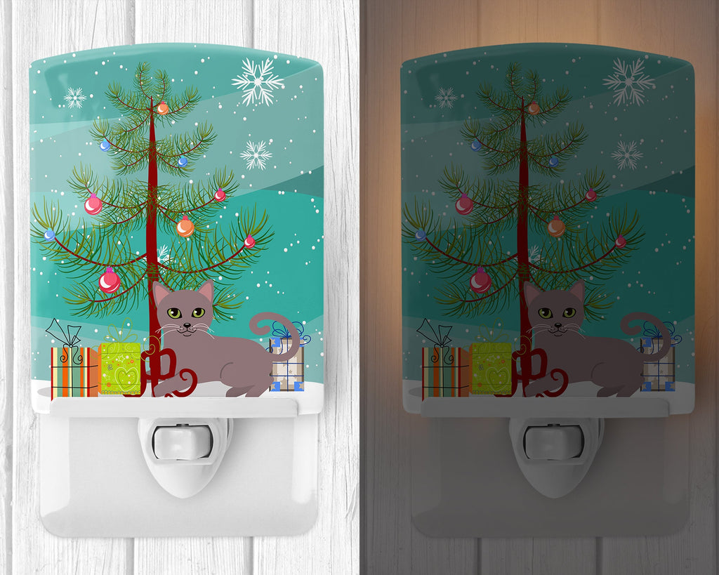 Russian Blue Cat Merry Christmas Tree Ceramic Night Light Compact, UL-Certified, Ideal for Bedroom, Bathroom, Nursery, Hallway, Kitchen, 6x4x3, Multicolor