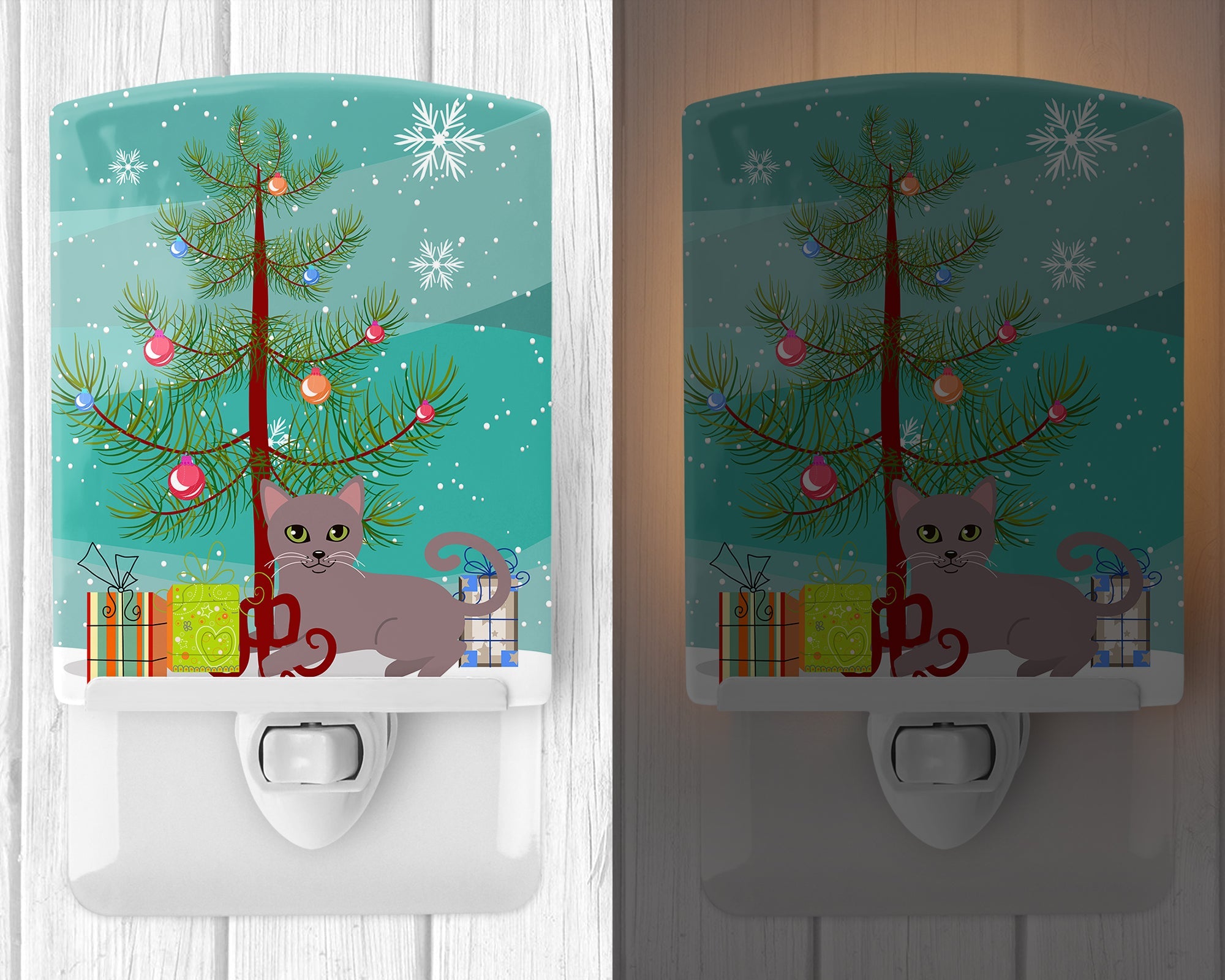 Russian Blue Cat Merry Christmas Tree Ceramic Night Light Compact, UL-Certified, Ideal for Bedroom, Bathroom, Nursery, Hallway, Kitchen, 6x4x3, Multicolor