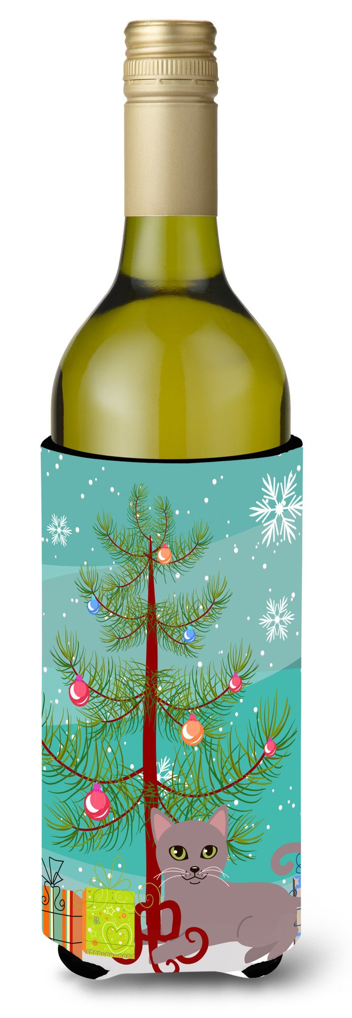 Russian Blue Cat Merry Christmas Tree Wine Bottle Hugger Gift Sleeve for Standard 750 ml Bottles, Insulated Reusable Also Fits Mini Shot & Pint Bottles