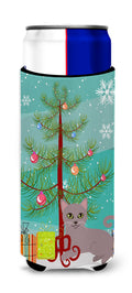 Russian Blue Cat Merry Christmas Tree Slim Can Hugger , Insulated Foam Hugger for 12 oz Slim Cans, Beer Bottles & Water Bottles, Printed in USA