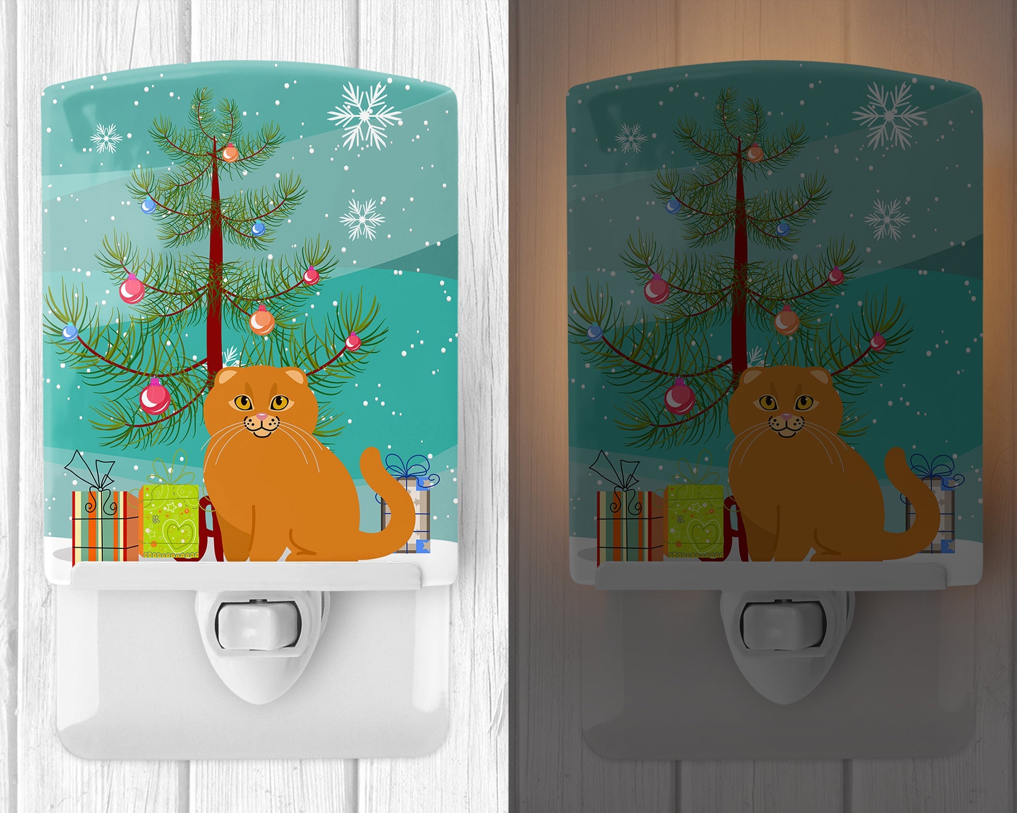 Scottish Fold Cat Merry Christmas Tree Ceramic Night Light Compact, UL-Certified, Ideal for Bedroom, Bathroom, Nursery, Hallway, Kitchen, 6x4x3, Multicolor