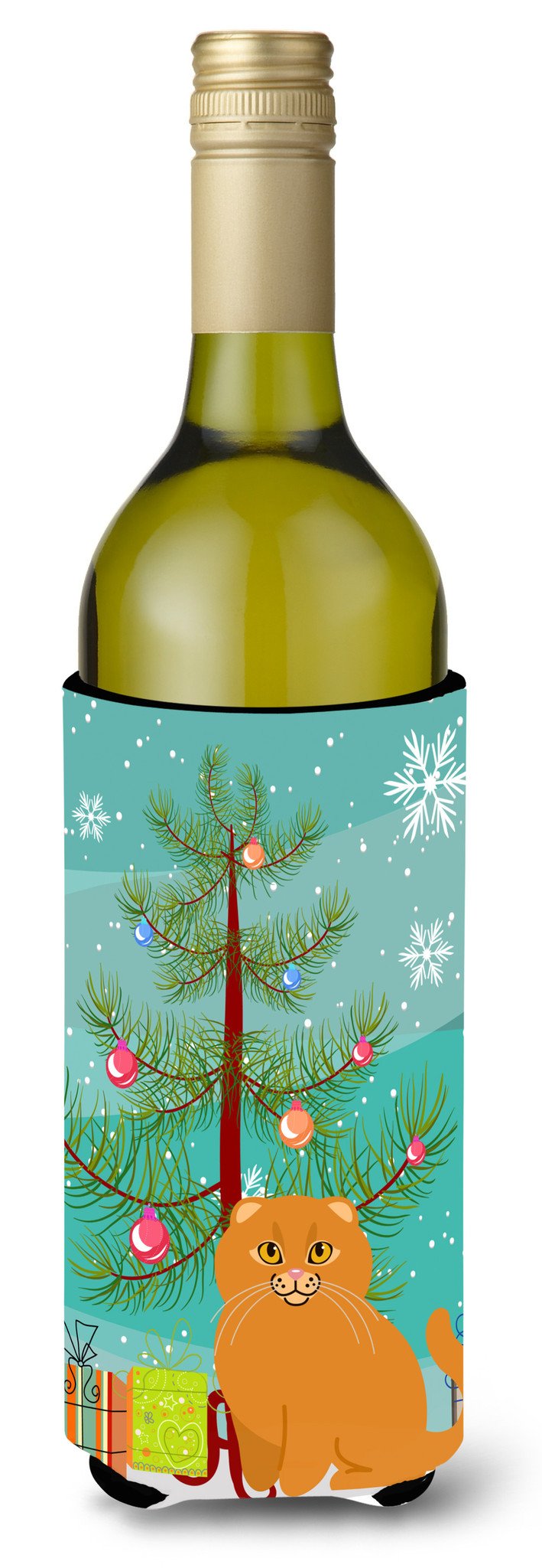 Scottish Fold Cat Merry Christmas Tree Wine Bottle Hugger Gift Sleeve for Standard 750 ml Bottles, Insulated Reusable Also Fits Mini Shot & Pint Bottles
