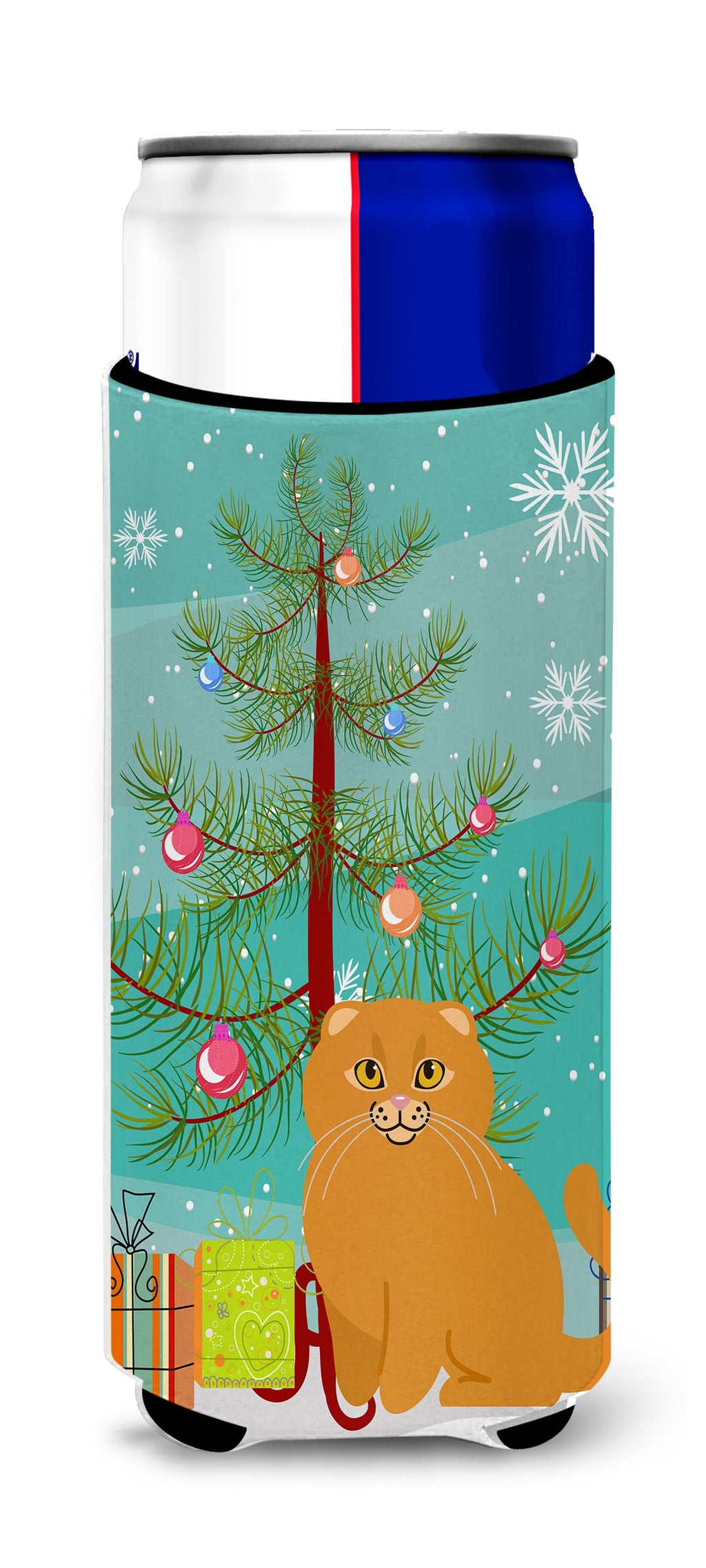 Scottish Fold Cat Merry Christmas Tree Slim Can Hugger , Insulated Foam Hugger for 12 oz Slim Cans, Beer Bottles & Water Bottles, Printed in USA