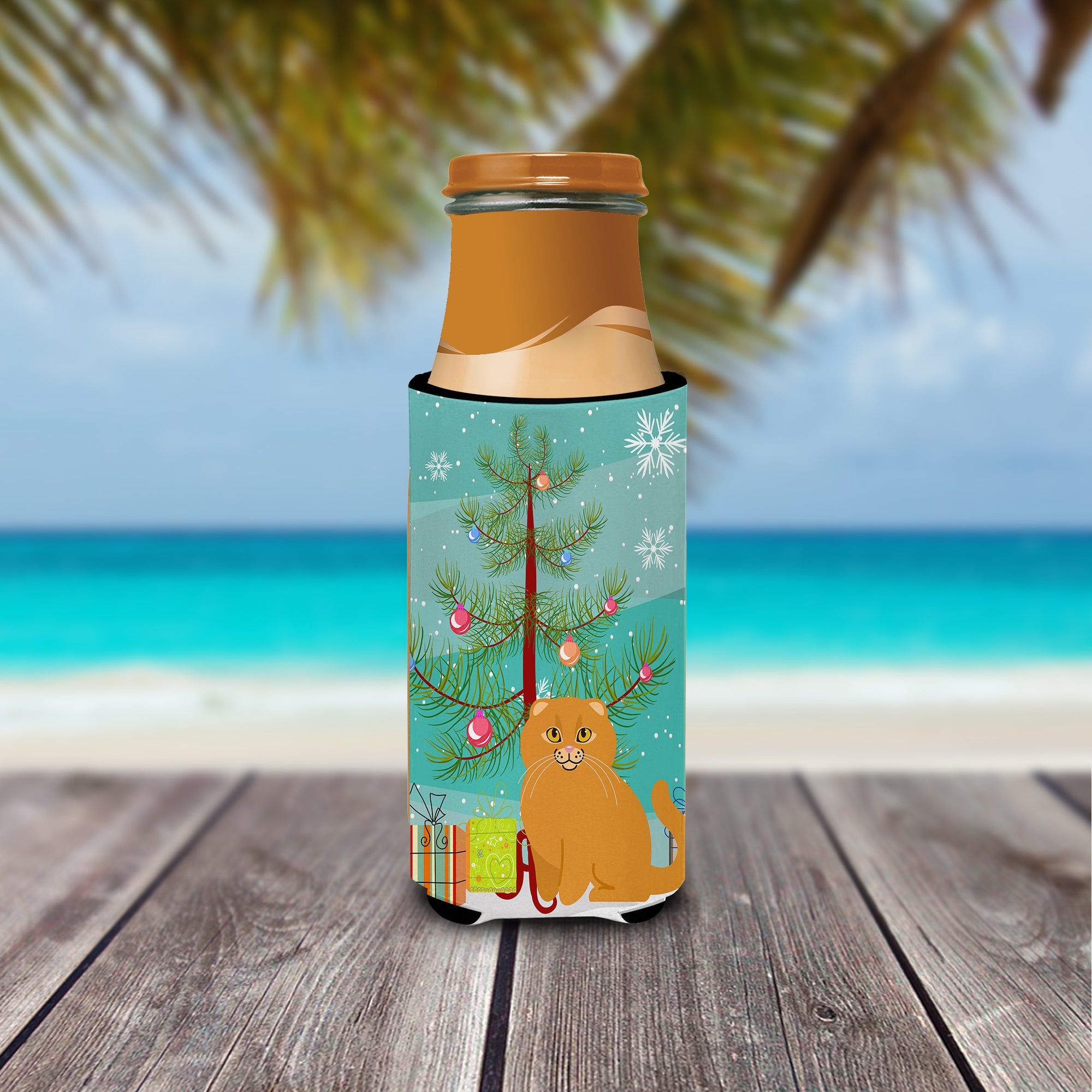Scottish Fold Cat Merry Christmas Tree Slim Can Hugger , Insulated Foam Hugger for 12 oz Slim Cans, Beer Bottles & Water Bottles, Printed in USA