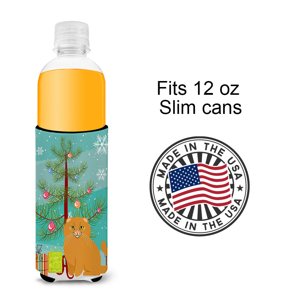 Scottish Fold Cat Merry Christmas Tree Slim Can Hugger , Insulated Foam Hugger for 12 oz Slim Cans, Beer Bottles & Water Bottles, Printed in USA
