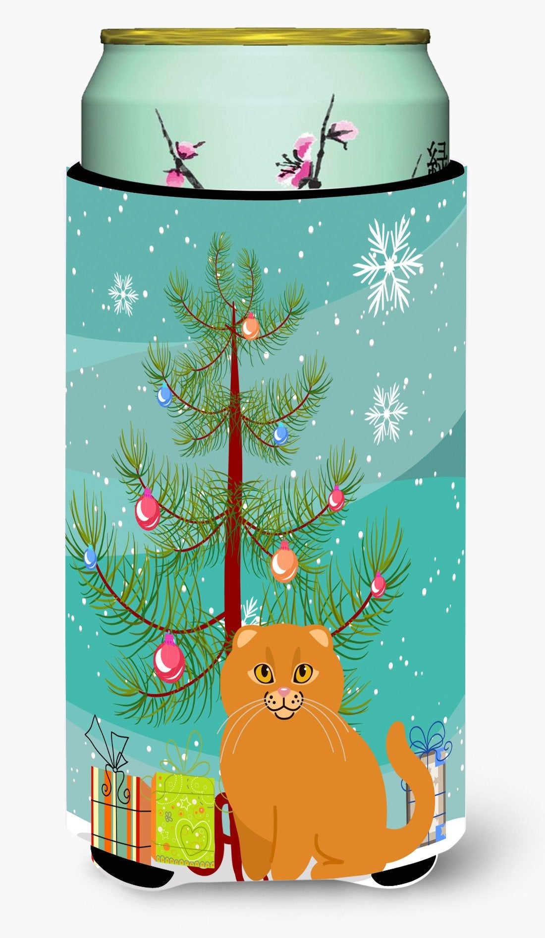 Scottish Fold Cat Merry Christmas Tree Tall Boy Hugger Can Cooler Sleeve Machine Washable Drink Collapsible Insulator Beverage Insulated Holder