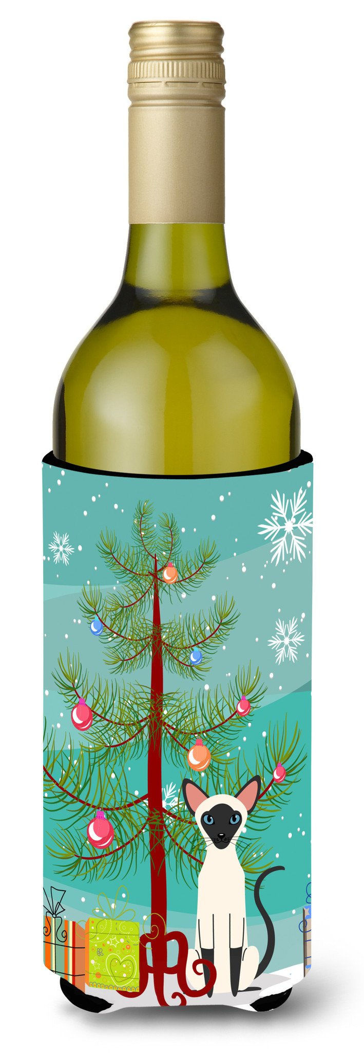 Siamese Cat Merry Christmas Tree Wine Bottle Hugger Gift Sleeve for Standard 750 ml Bottles, Insulated Reusable Also Fits Mini Shot & Pint Bottles