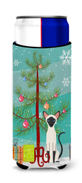 Siamese Cat Merry Christmas Tree Slim Can Hugger , Insulated Foam Hugger for 12 oz Slim Cans, Beer Bottles & Water Bottles, Printed in USA