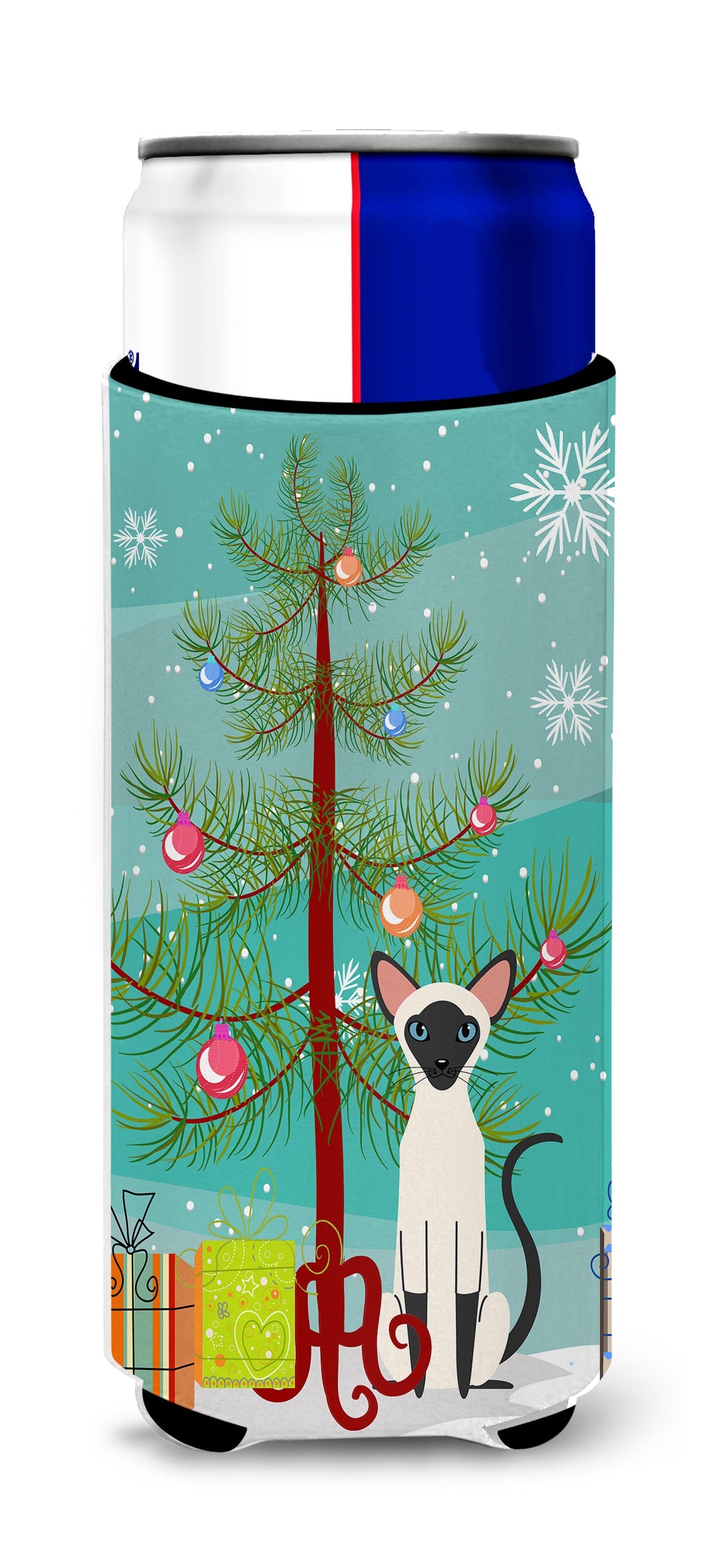 Siamese Cat Merry Christmas Tree Slim Can Hugger , Insulated Foam Hugger for 12 oz Slim Cans, Beer Bottles & Water Bottles, Printed in USA