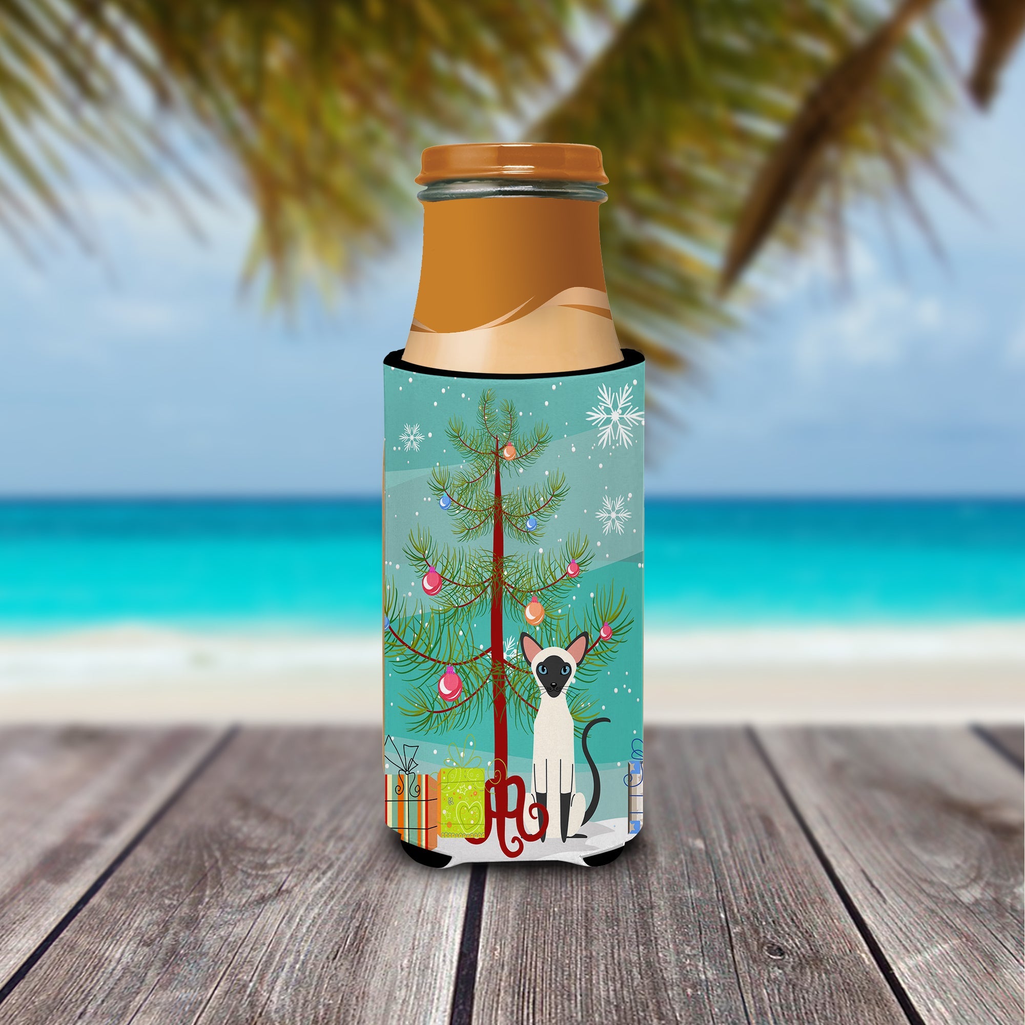 Siamese Cat Merry Christmas Tree Slim Can Hugger , Insulated Foam Hugger for 12 oz Slim Cans, Beer Bottles & Water Bottles, Printed in USA
