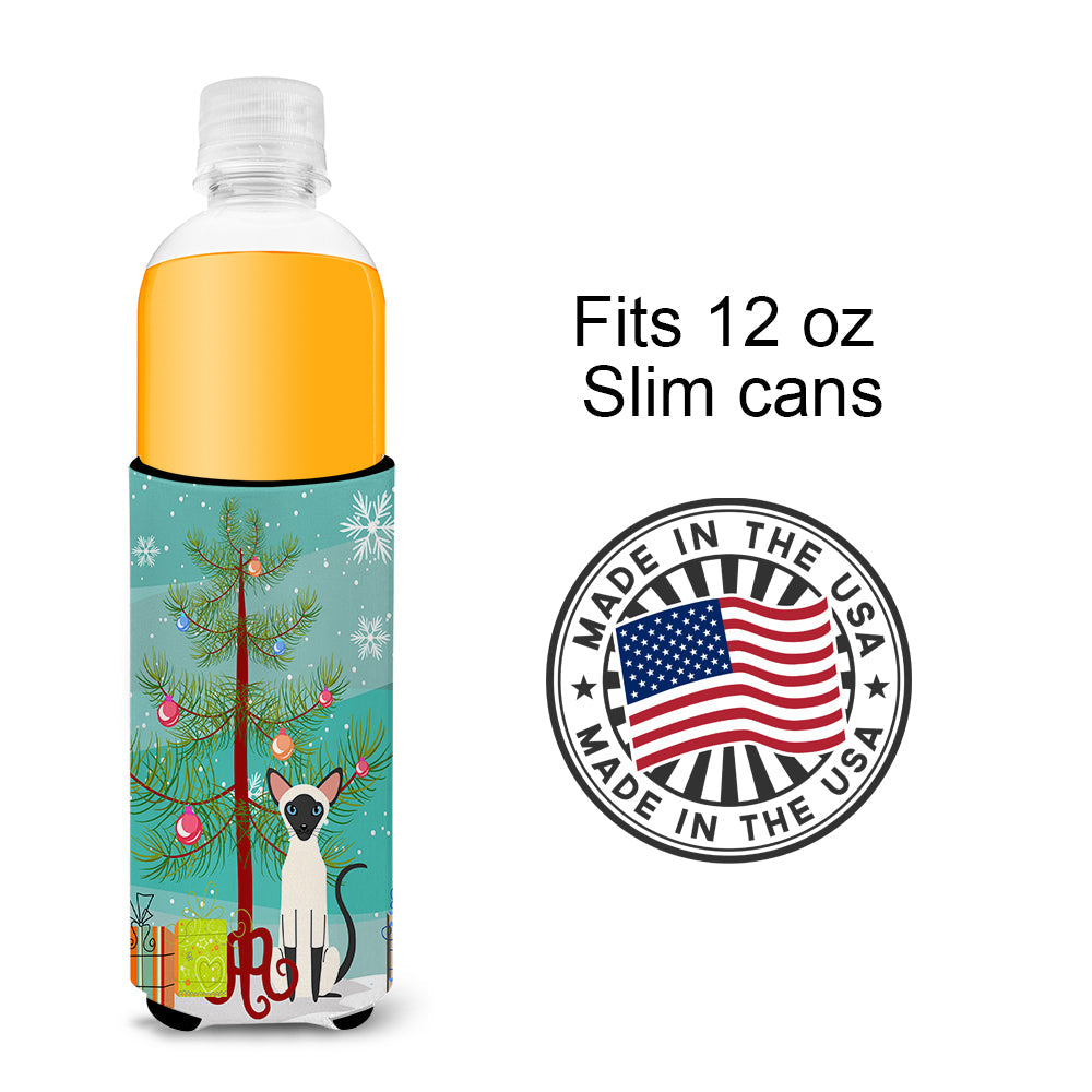 Siamese Cat Merry Christmas Tree Slim Can Hugger , Insulated Foam Hugger for 12 oz Slim Cans, Beer Bottles & Water Bottles, Printed in USA