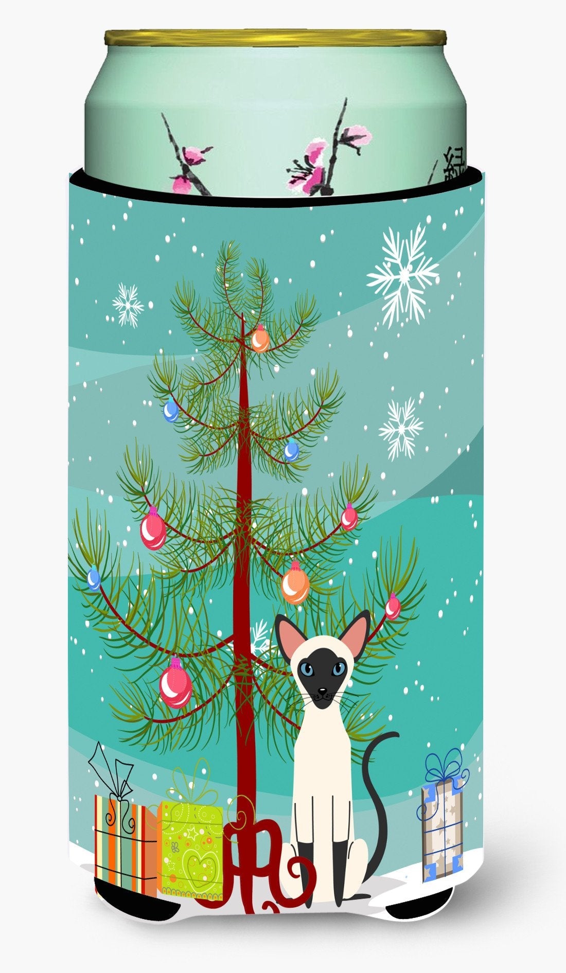 Siamese Cat Merry Christmas Tree Tall Boy Hugger Can Cooler Sleeve Machine Washable Drink Collapsible Insulator Beverage Insulated Holder