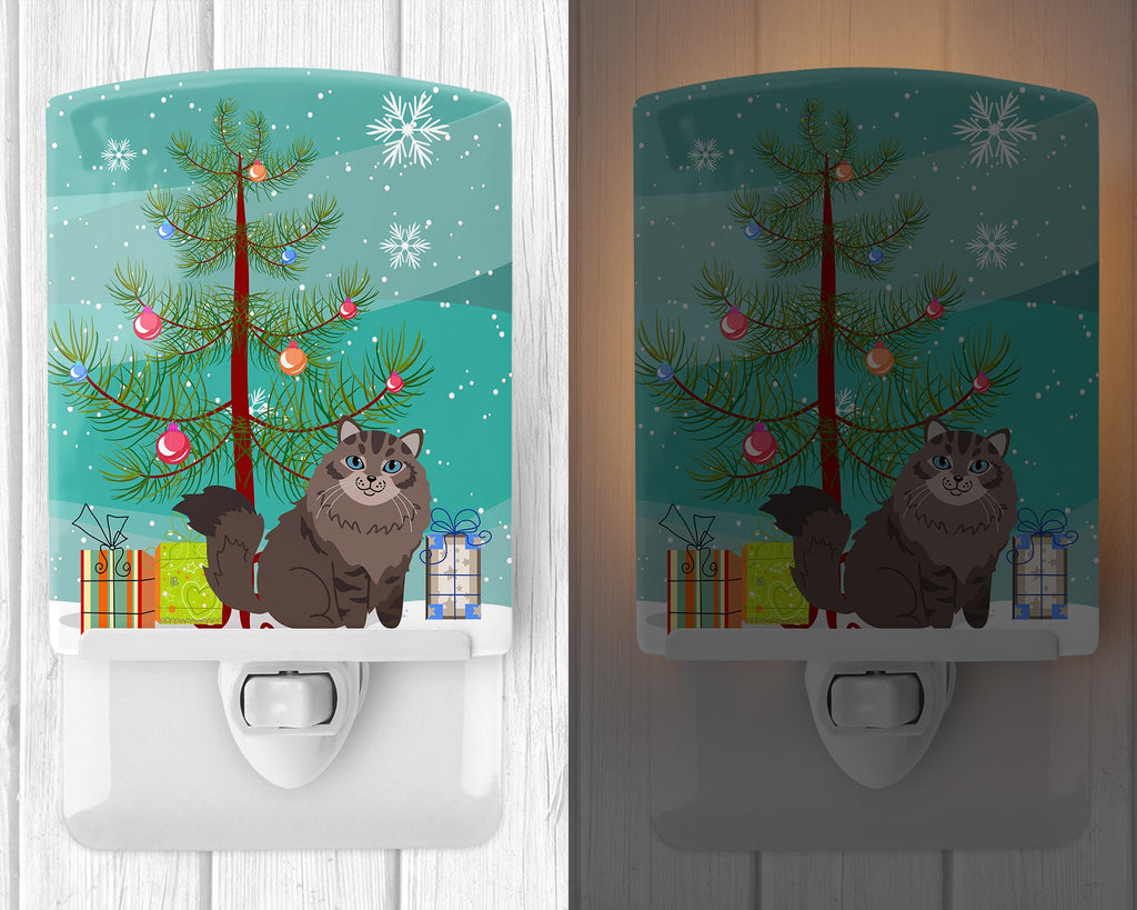 Siberian Cat Merry Christmas Tree Ceramic Night Light Compact, UL-Certified, Ideal for Bedroom, Bathroom, Nursery, Hallway, Kitchen, 6x4x3, Multicolor