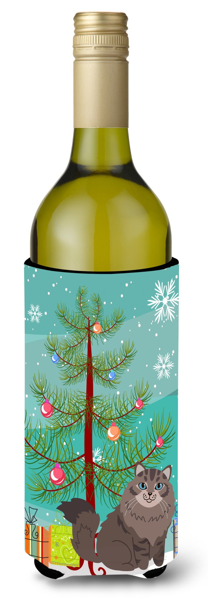 Siberian Cat Merry Christmas Tree Wine Bottle Hugger Gift Sleeve for Standard 750 ml Bottles, Insulated Reusable Also Fits Mini Shot & Pint Bottles