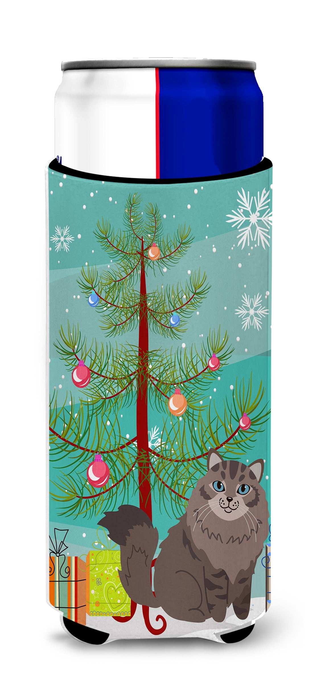 Siberian Cat Merry Christmas Tree Slim Can Hugger , Insulated Foam Hugger for 12 oz Slim Cans, Beer Bottles & Water Bottles, Printed in USA