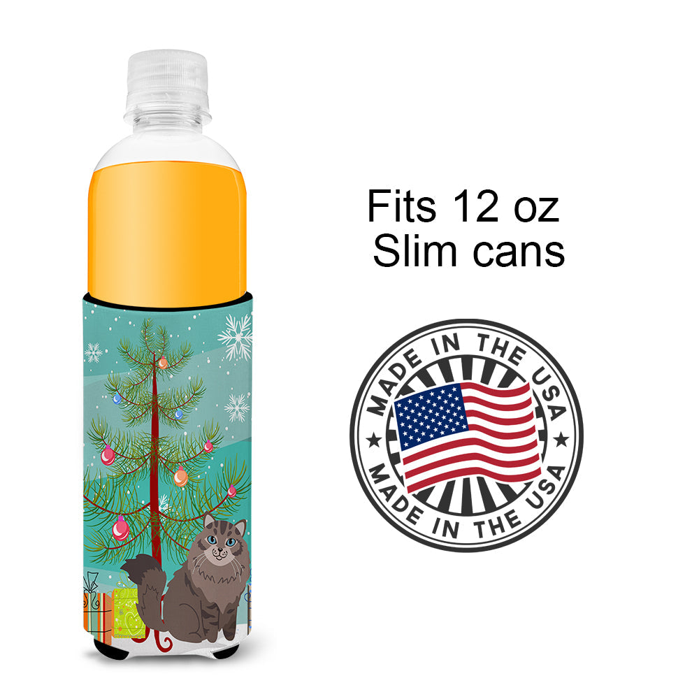 Siberian Cat Merry Christmas Tree Slim Can Hugger , Insulated Foam Hugger for 12 oz Slim Cans, Beer Bottles & Water Bottles, Printed in USA