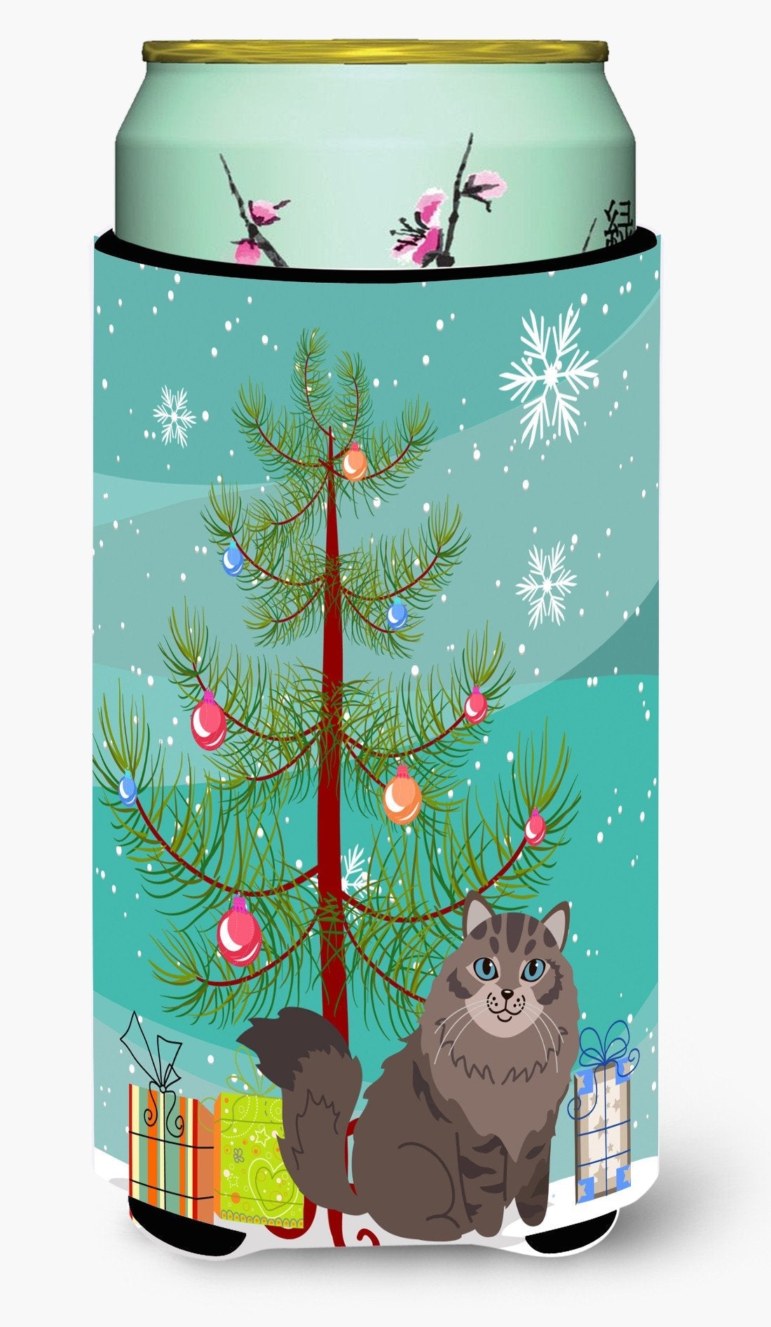 Siberian Cat Merry Christmas Tree Tall Boy Hugger Can Cooler Sleeve Machine Washable Drink Collapsible Insulator Beverage Insulated Holder