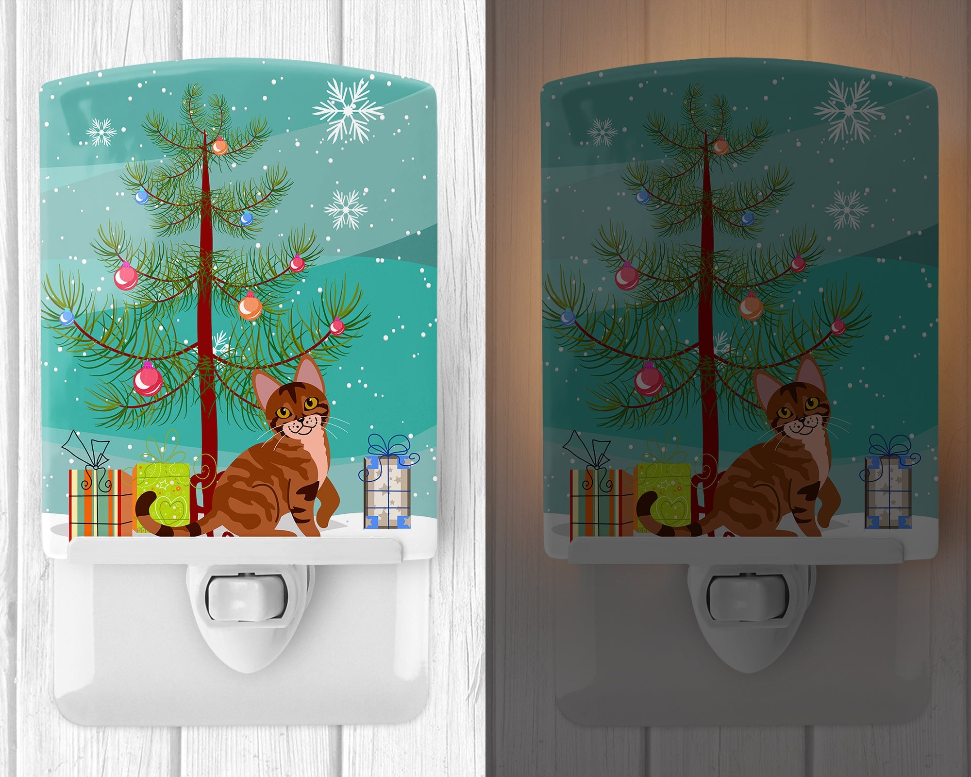 Sokoke Cat Merry Christmas Tree Ceramic Night Light Compact, UL-Certified, Ideal for Bedroom, Bathroom, Nursery, Hallway, Kitchen, 6x4x3, Multicolor