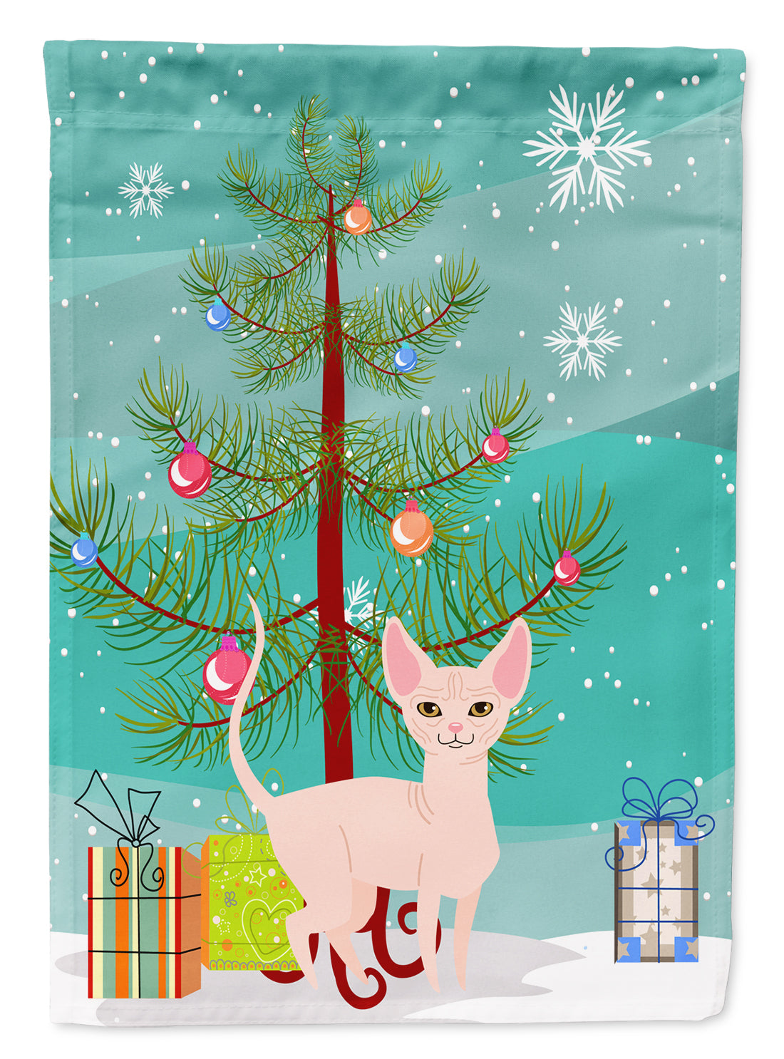 Sphynx Cat Merry Christmas Tree House Flag 28x40 Porch Sleeve Pole Decorative Outside Yard Banner Artwork Wall Hanging, Polyester
