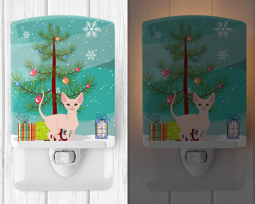 Sphynx Cat Merry Christmas Tree Ceramic Night Light Compact, UL-Certified, Ideal for Bedroom, Bathroom, Nursery, Hallway, Kitchen, 6x4x3, Multicolor