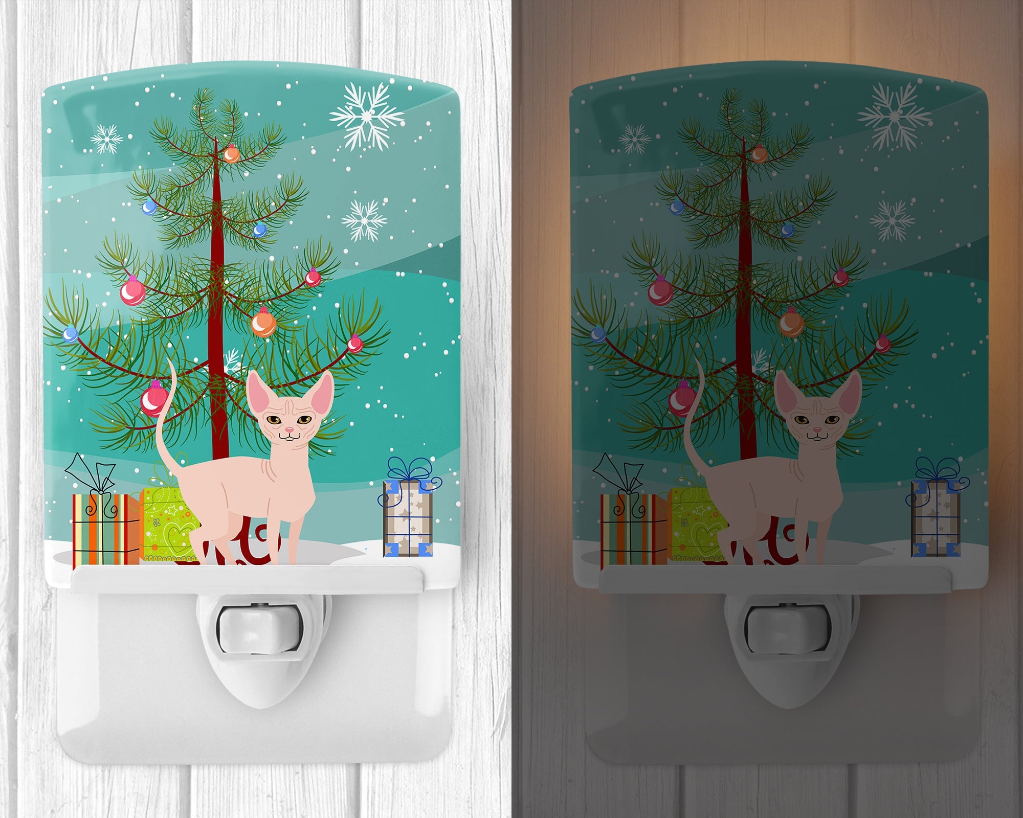 Sphynx Cat Merry Christmas Tree Ceramic Night Light Compact, UL-Certified, Ideal for Bedroom, Bathroom, Nursery, Hallway, Kitchen, 6x4x3, Multicolor
