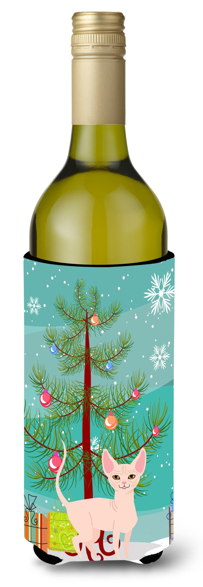 Sphynx Cat Merry Christmas Tree Wine Bottle Hugger Gift Sleeve for Standard 750 ml Bottles, Insulated Reusable Also Fits Mini Shot & Pint Bottles