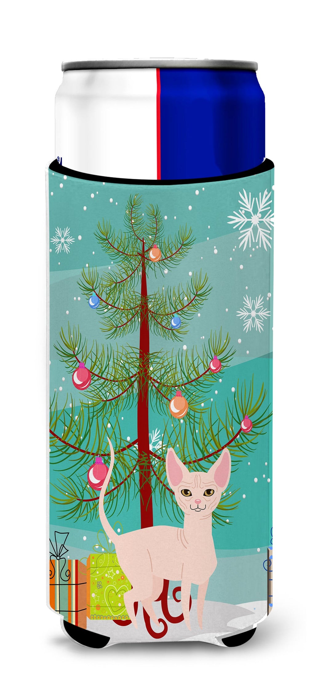 Sphynx Cat Merry Christmas Tree Slim Can Hugger , Insulated Foam Hugger for 12 oz Slim Cans, Beer Bottles & Water Bottles, Printed in USA
