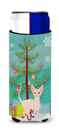 Sphynx Cat Merry Christmas Tree Slim Can Hugger , Insulated Foam Hugger for 12 oz Slim Cans, Beer Bottles & Water Bottles, Printed in USA