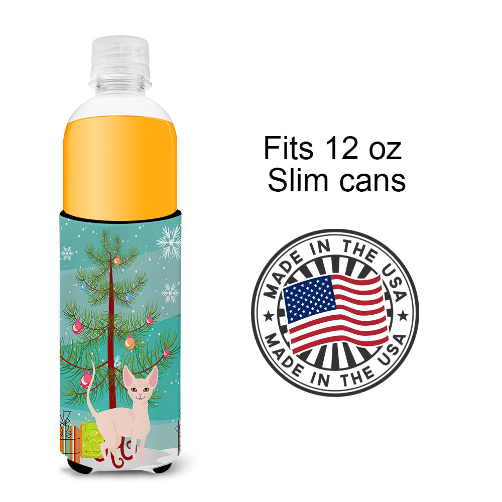 Sphynx Cat Merry Christmas Tree Slim Can Hugger , Insulated Foam Hugger for 12 oz Slim Cans, Beer Bottles & Water Bottles, Printed in USA