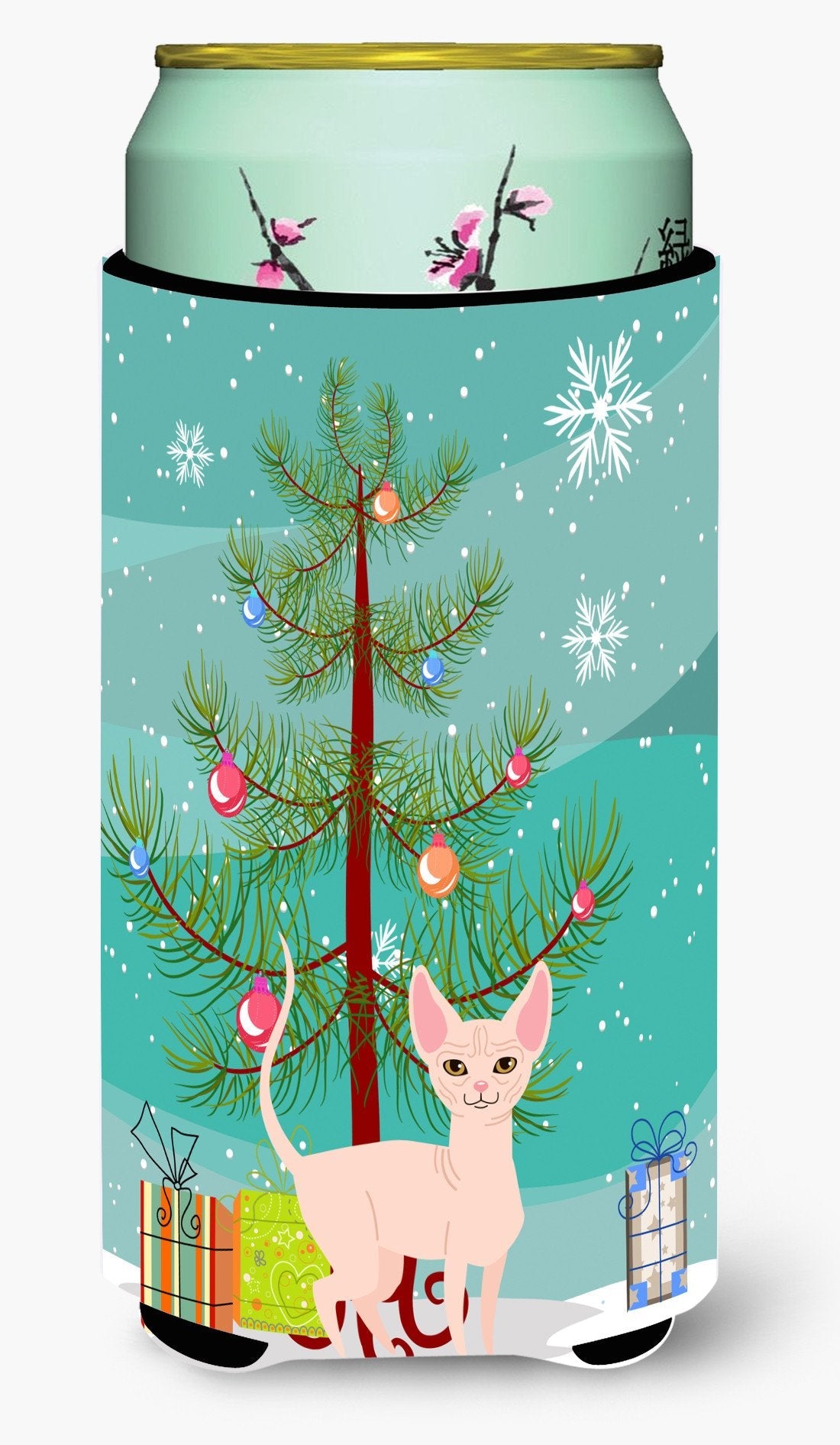 Sphynx Cat Merry Christmas Tree Tall Boy Hugger Can Cooler Sleeve Machine Washable Drink Collapsible Insulator Beverage Insulated Holder