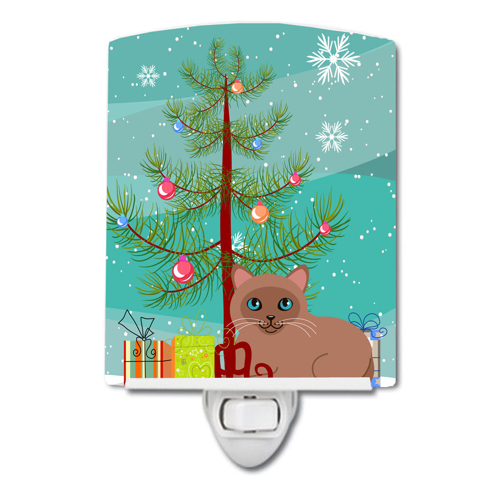 Tonkinese Cat Merry Christmas Tree Ceramic Night Light Compact, UL-Certified, Ideal for Bedroom, Bathroom, Nursery, Hallway, Kitchen, 6x4x3, Multicolor