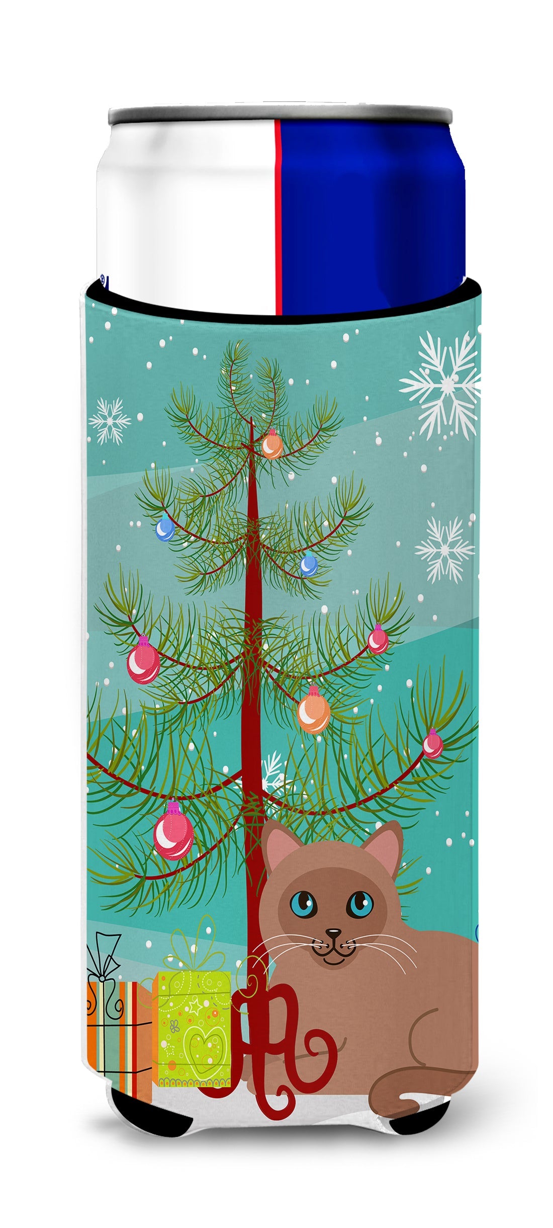 Tonkinese Cat Merry Christmas Tree Slim Can Hugger , Insulated Foam Hugger for 12 oz Slim Cans, Beer Bottles & Water Bottles, Printed in USA