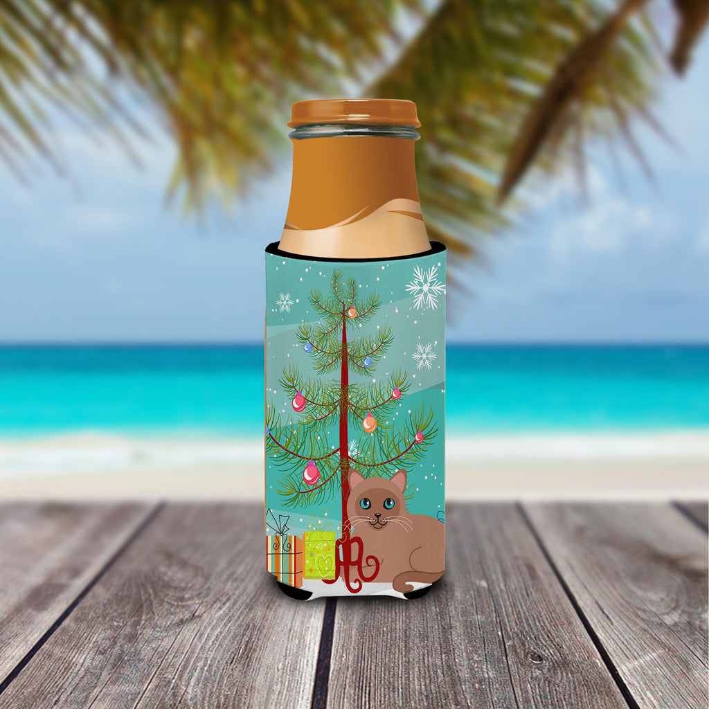 Tonkinese Cat Merry Christmas Tree Slim Can Hugger , Insulated Foam Hugger for 12 oz Slim Cans, Beer Bottles & Water Bottles, Printed in USA