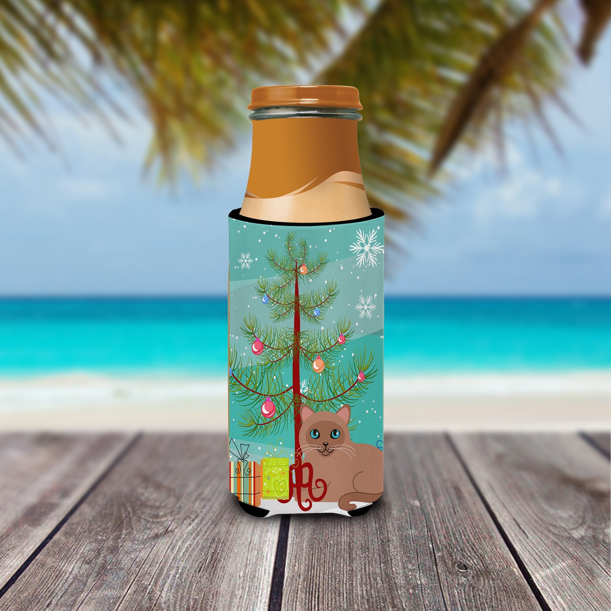 Tonkinese Cat Merry Christmas Tree Slim Can Hugger , Insulated Foam Hugger for 12 oz Slim Cans, Beer Bottles & Water Bottles, Printed in USA
