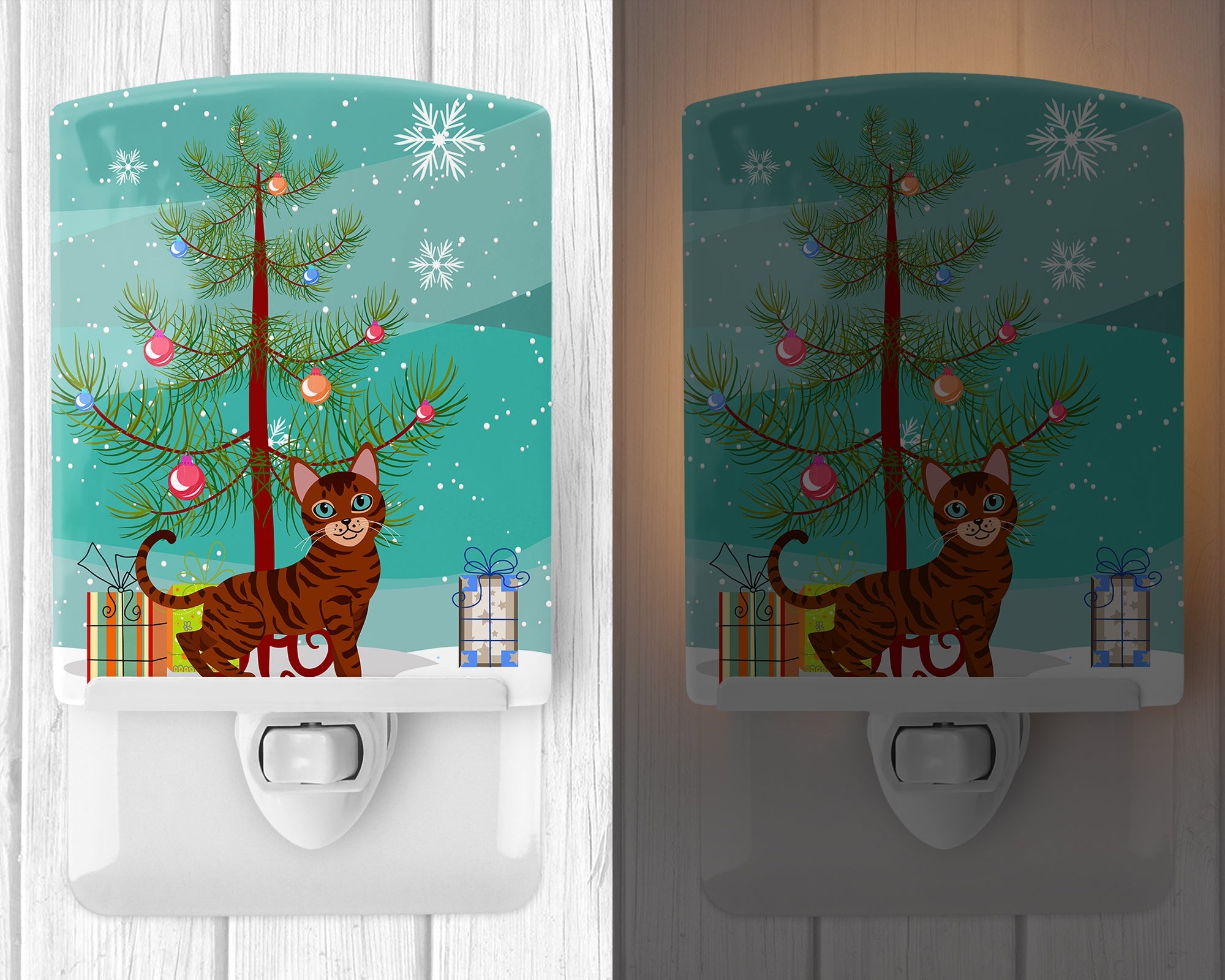 Toyger Cat Merry Christmas Tree Ceramic Night Light Compact, UL-Certified, Ideal for Bedroom, Bathroom, Nursery, Hallway, Kitchen, 6x4x3, Multicolor