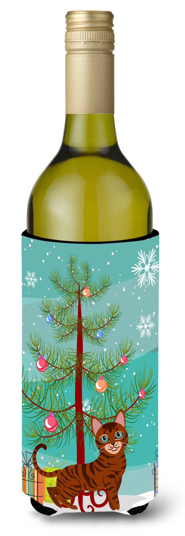 Toyger Cat Merry Christmas Tree Wine Bottle Hugger Gift Sleeve for Standard 750 ml Bottles, Insulated Reusable Also Fits Mini Shot & Pint Bottles