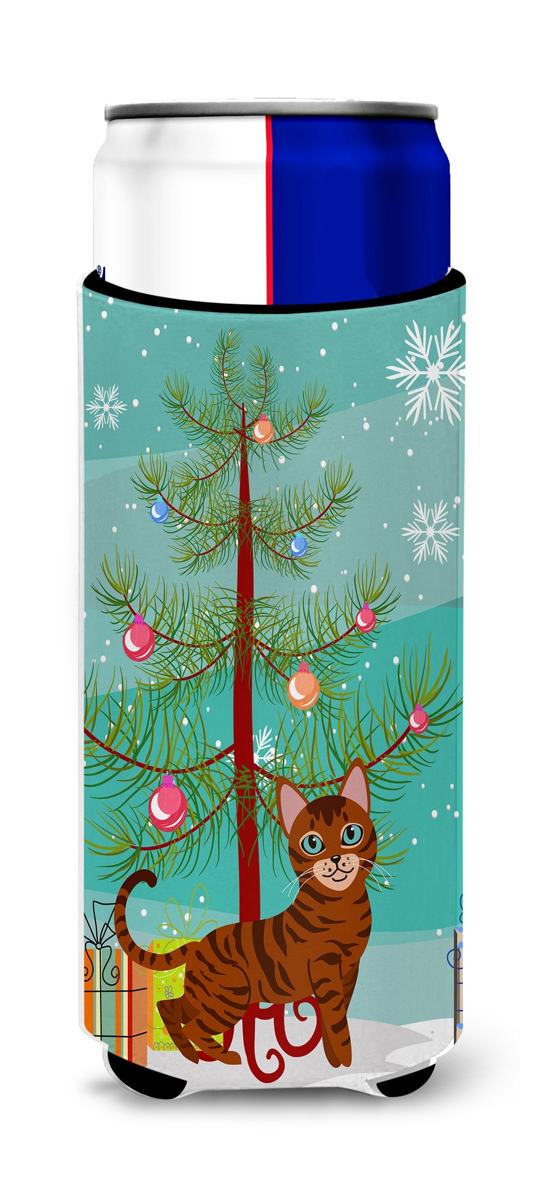 Toyger Cat Merry Christmas Tree Slim Can Hugger , Insulated Foam Hugger for 12 oz Slim Cans, Beer Bottles & Water Bottles, Printed in USA