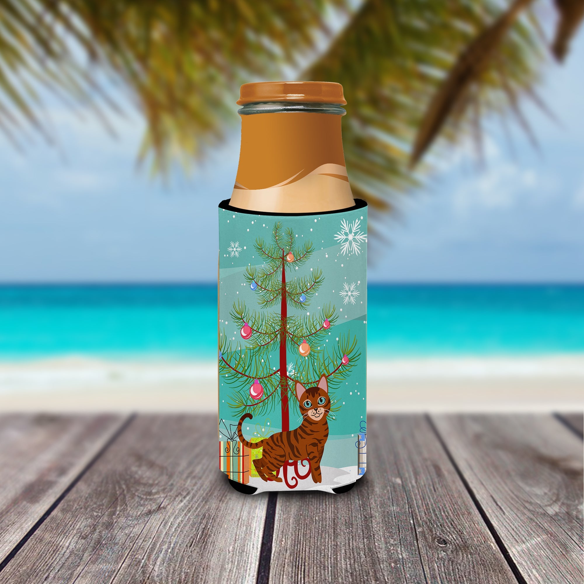 Toyger Cat Merry Christmas Tree Slim Can Hugger , Insulated Foam Hugger for 12 oz Slim Cans, Beer Bottles & Water Bottles, Printed in USA