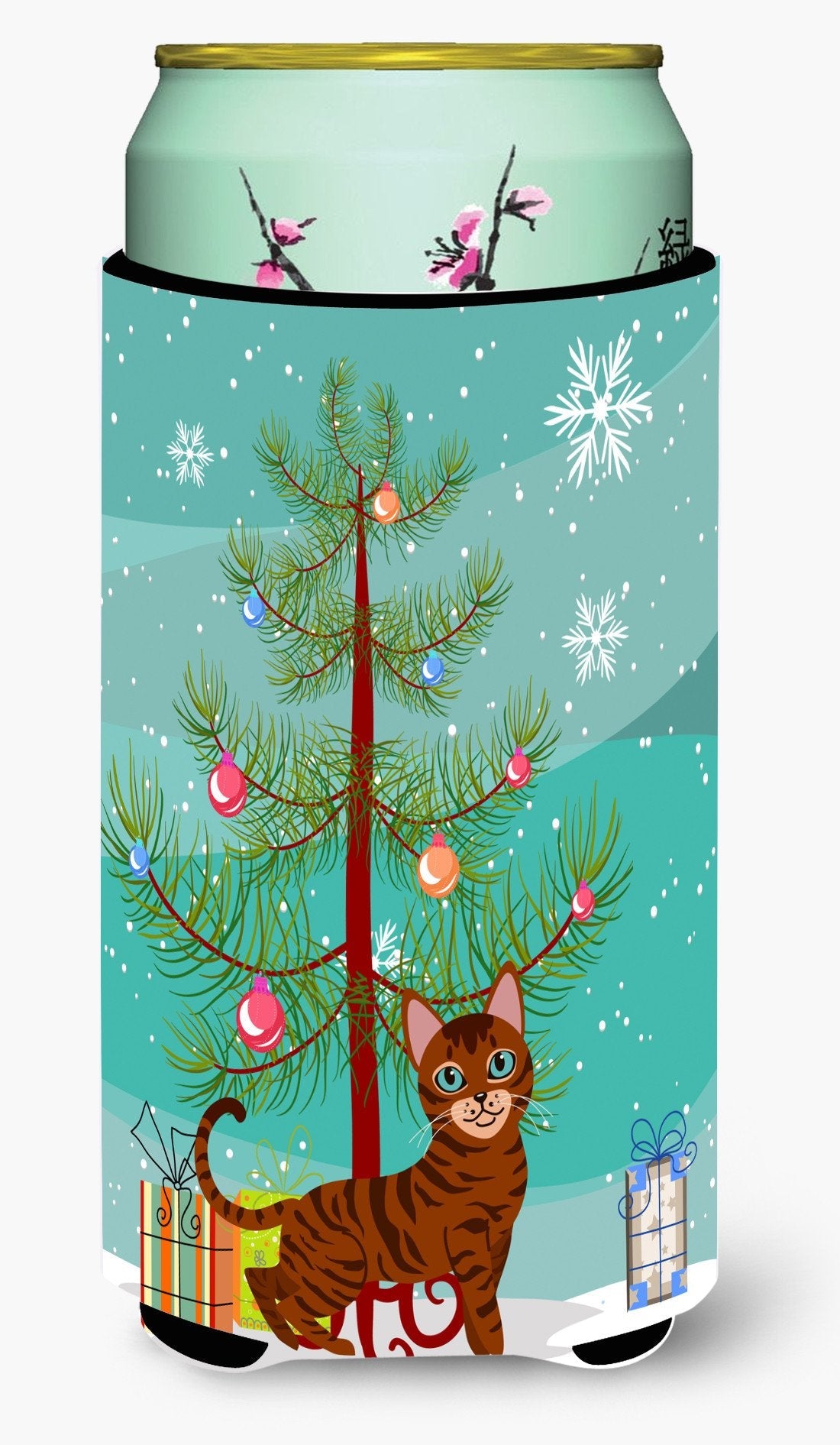 Toyger Cat Merry Christmas Tree Tall Boy Hugger Can Cooler Sleeve Machine Washable Drink Collapsible Insulator Beverage Insulated Holder