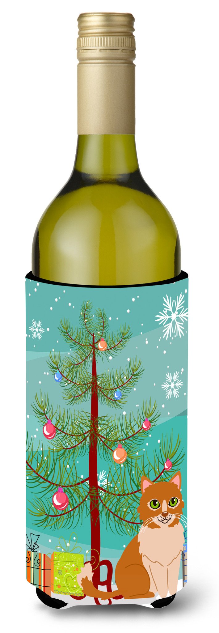 Merry Christmas Tree Ural Rex Cat Wine Bottle Hugger Gift Sleeve for Standard 750 ml Bottles, Insulated Reusable Also Fits Mini Shot & Pint Bottles