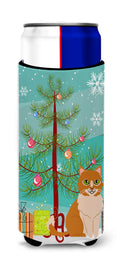 Merry Christmas Tree Ural Rex Cat Slim Can Hugger , Insulated Foam Hugger for 12 oz Slim Cans, Beer Bottles & Water Bottles, Printed in USA