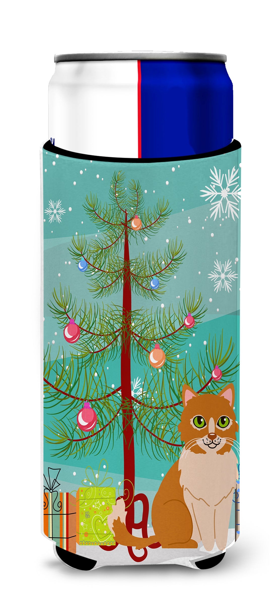 Merry Christmas Tree Ural Rex Cat Slim Can Hugger , Insulated Foam Hugger for 12 oz Slim Cans, Beer Bottles & Water Bottles, Printed in USA