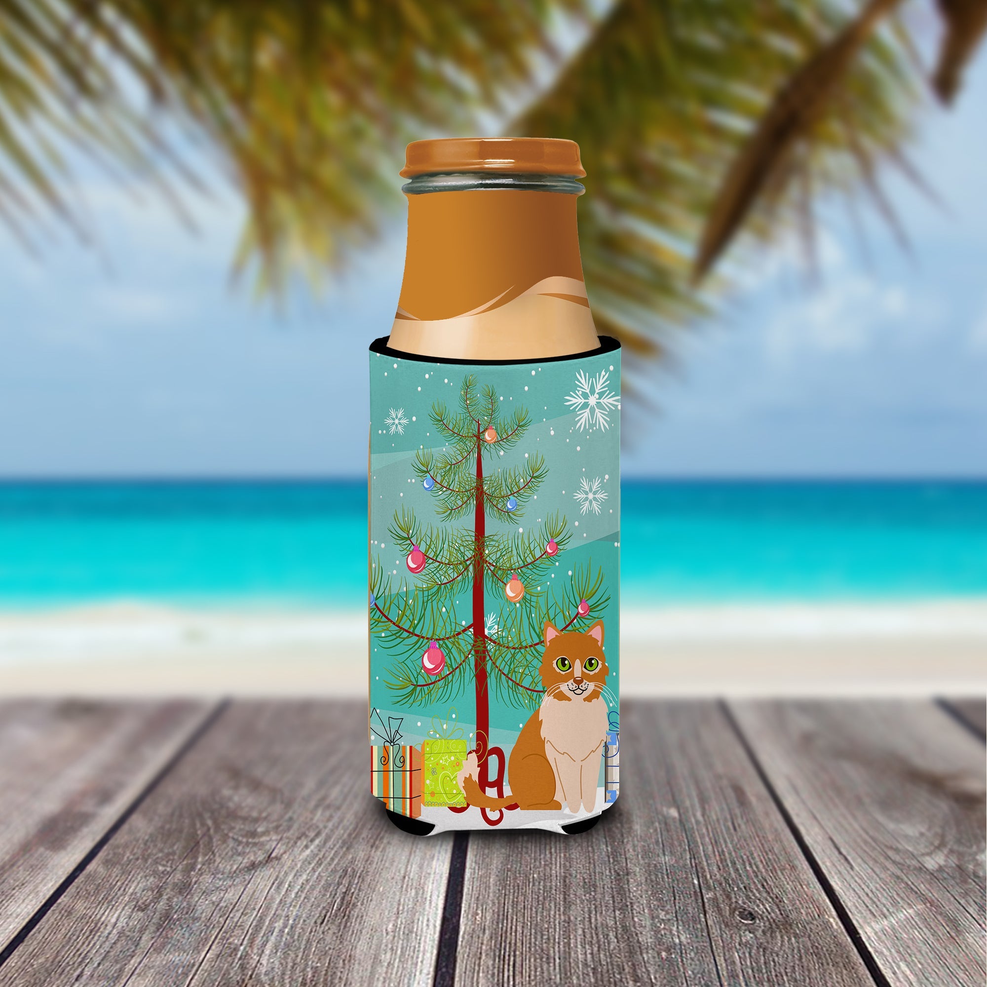 Merry Christmas Tree Ural Rex Cat Slim Can Hugger , Insulated Foam Hugger for 12 oz Slim Cans, Beer Bottles & Water Bottles, Printed in USA