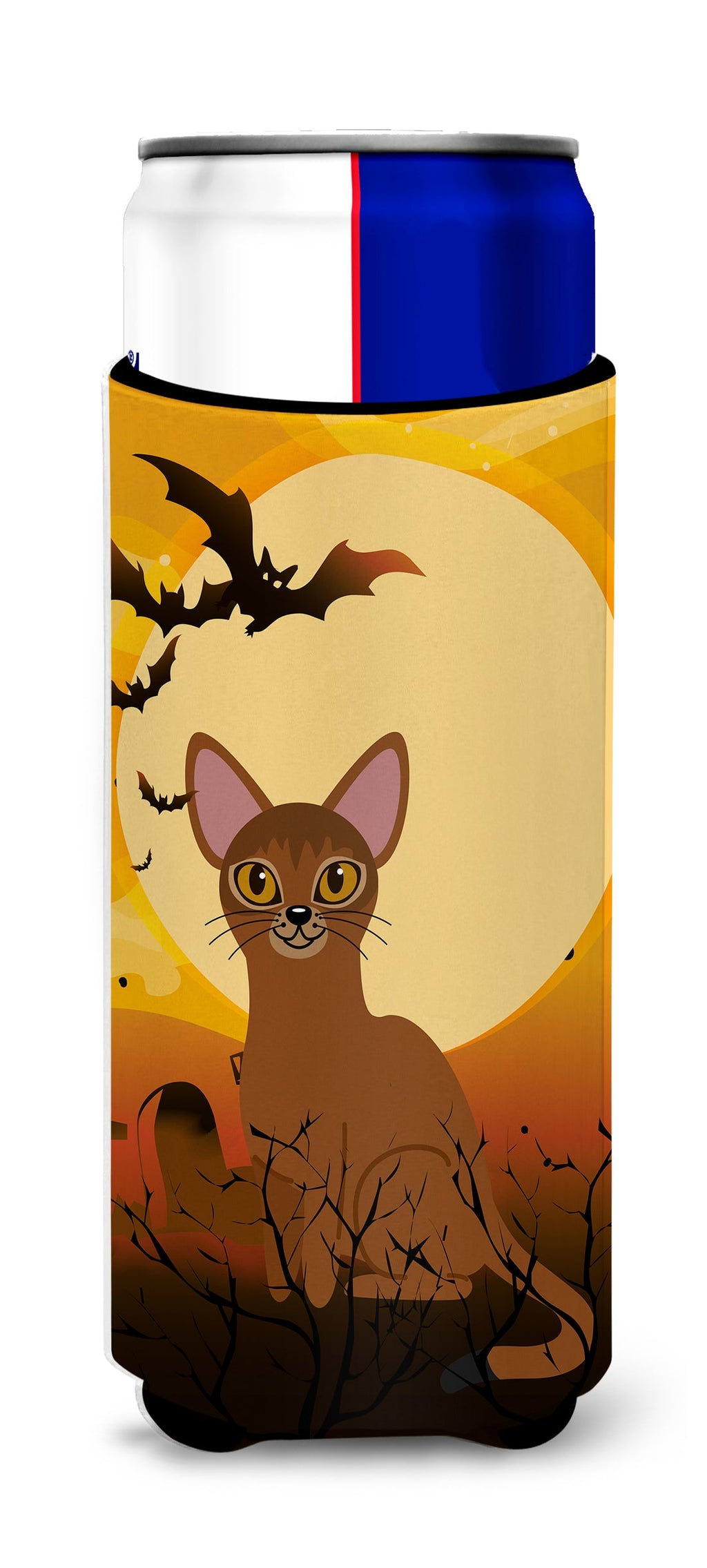 Halloween Abyssinian Cat Slim Can Hugger , Insulated Foam Hugger for 12 oz Slim Cans, Beer Bottles & Water Bottles, Printed in USA